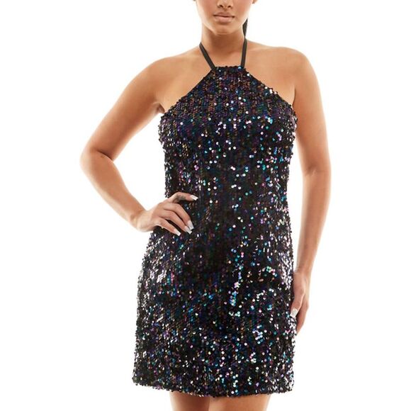 Jolt Dresses & Skirts - Jolt Womens Black Sequined Mini Halter Cocktail and Party Dress Juniors NWT
